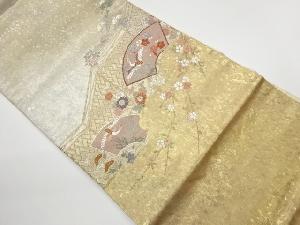 リサイクル　高島織物製　青銅箔地紙に松・鶴・花々模様織出し名古屋帯